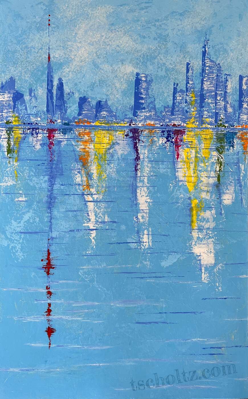 Rainbow-City-acrylic-painting-by-Tes-Scholtz